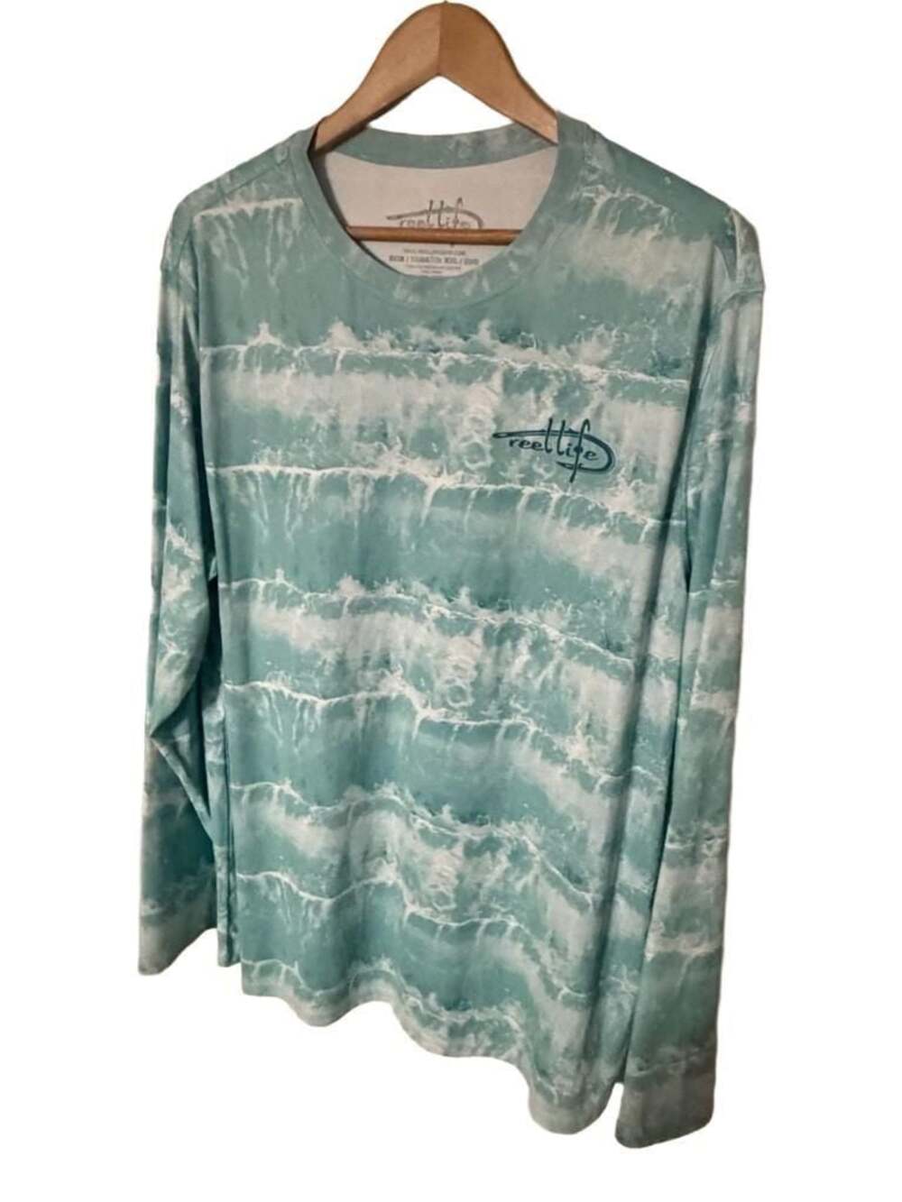 Reel Life Sun Ray Defender Long Sleeve Fishing Shirt Blue Wave Pattern XXL